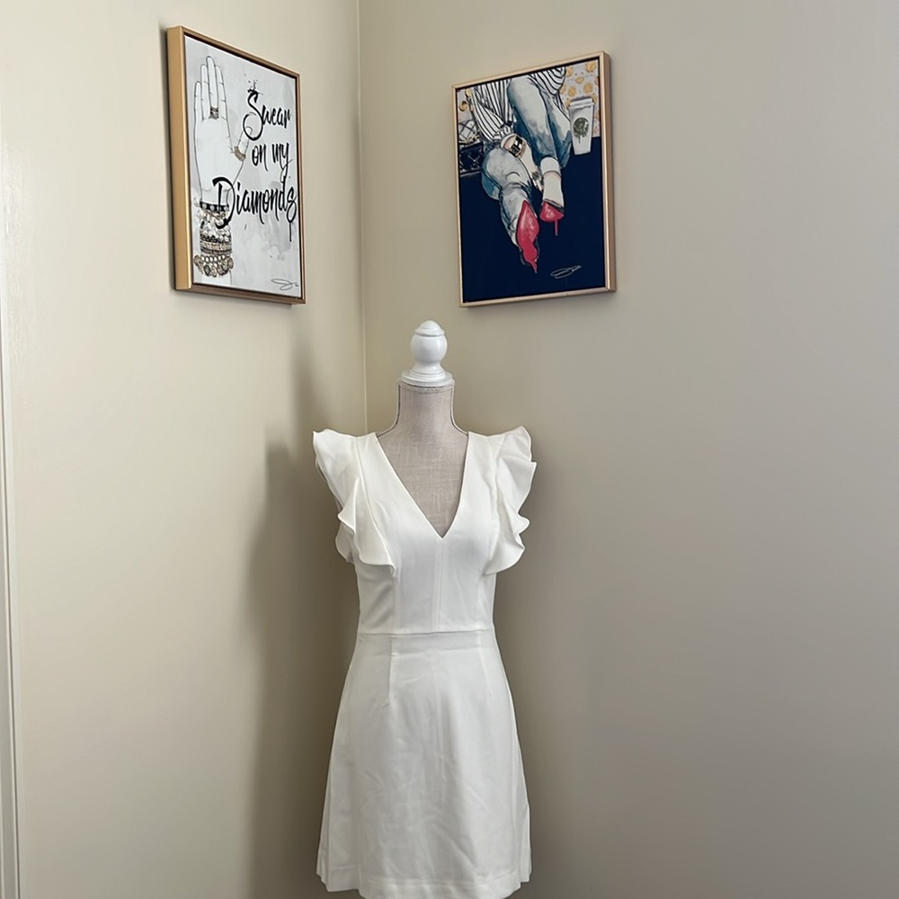 ๐ French Connection White Mini Dress with Ruffle Sleeves - Picture 3 of 15